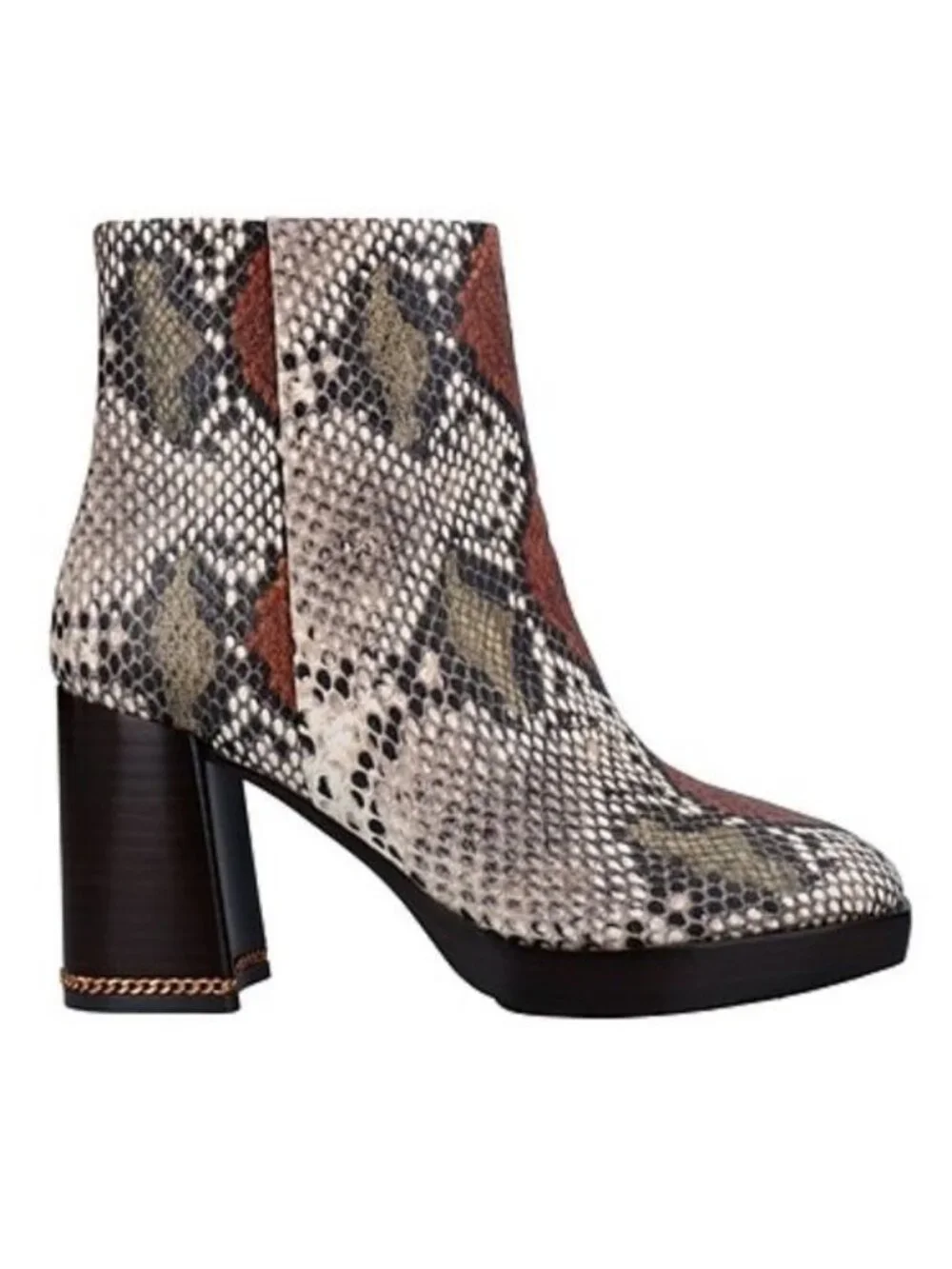 Tory Burch Ruby Python-Embossed Ankle Boots Size 8 Aspen Block Heel Chain Accent